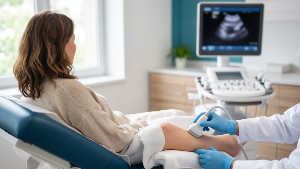 Patient having a vascular ultrasound of the lower leg at a vein clinic in Sugar Land, TX
